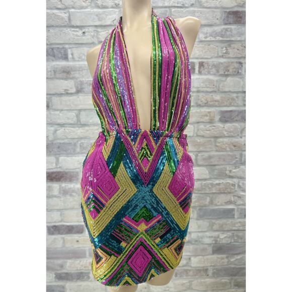 Fashion Nova Women M Party Cocktail Prom Club Sequins Dress Halter OpenBack - Picture 10 of 12